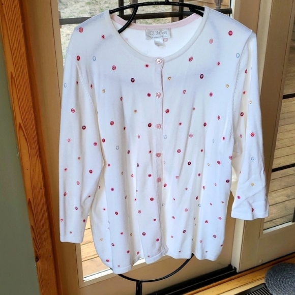 C.J. Banks By Christopher & Banks White Sz 1X Cardigan w Colorful Pink Polka Dot - Picture 1 of 13